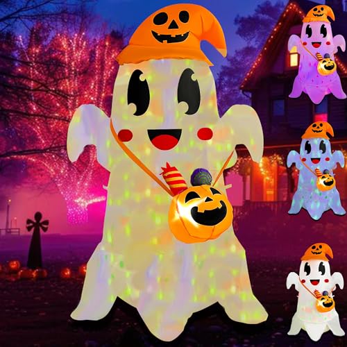 5FT Halloween Inflatable Ghost with Witch Hat and Pumpkin Candy Can with LED Light