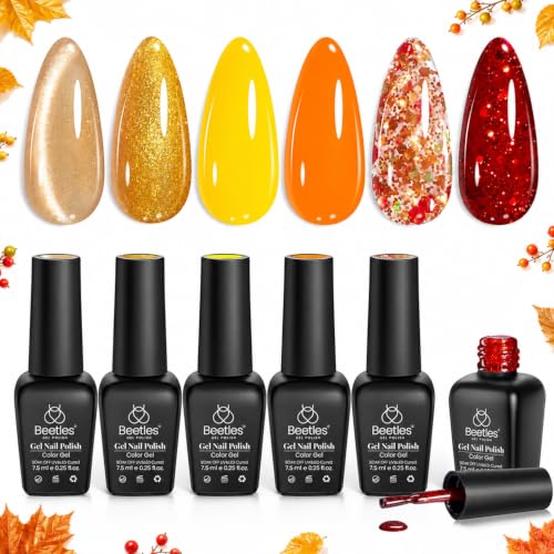 Beetles Fall Gel Polish Set - Mixed Finishes Golden Red Glitter Nail Polish