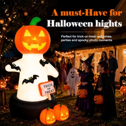 White 6 Ft Tall Halloween Inflatable Pumpkin with Bat & Trick or Treat LED Decor