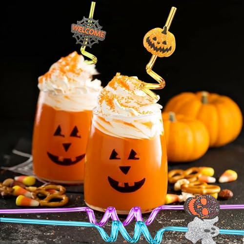 Halloween Glitter Crazy Straws Set - 24pcs with Pumpkins Ghosts & Brushes