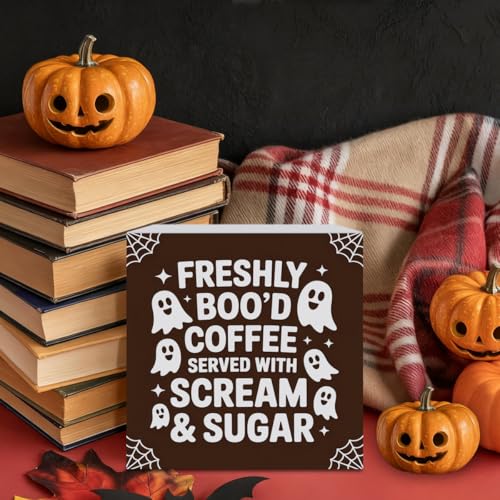 Halloween Coffee Decor Sign - Freshly Coffee Ghost 5x5 Inch Home Office Desk Shelf Decoration