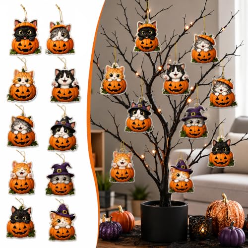 Halloween Cat Pumpkin Ornaments Set - P23, 10pcs Spooky Cute Tree Decorations