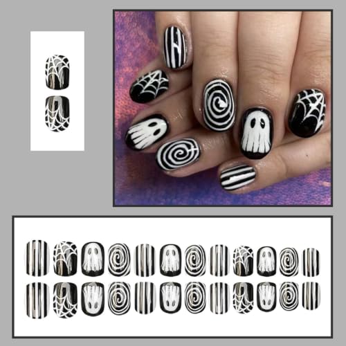 Halloween Ghost Press on Nails Short Square Fake Nails with Black White Ghost Spider Web Swirl Design - Design H2