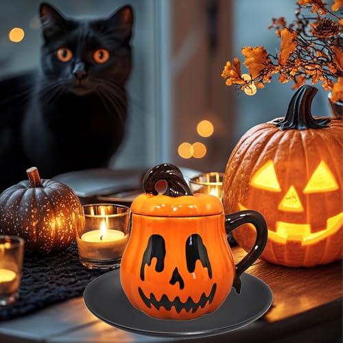 JUSTUP Pumpkin Shaped Ceramic Coffee Mug - Halloween & Thanksgiving Orange Cover Cup - 0.7 Pound Cartoon Breakfast & Dessert Cup