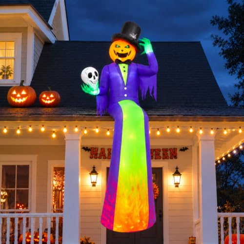 10FT Sitting Halloween Inflatable Pumpkin with Flame Light for Roof Decor - Outdoor Yard Decoration
