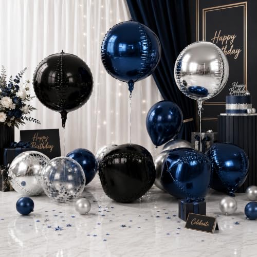 Navy Blue Black Silver 22 Inch Round Foil Balloons - 6 Pack, Giant 4D Party Decor