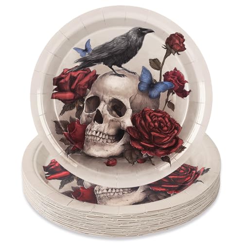 Halloween Vintage Paper Plates with Skull Rose Crow Design - 9 Inch Disposable Party Tableware, Pack of 50
