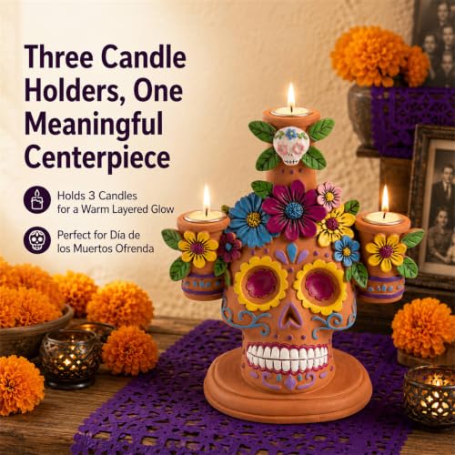Day of The Dead Taper Candle Holder - Ofrenda Decorations for Altar - Orange