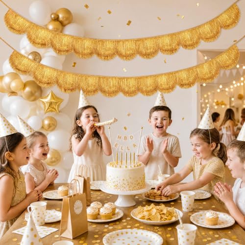 Gold Fringe Banner - 2 Pack 6.6 Ft Party Backdrop for Weddings & Events - Gold-2pc