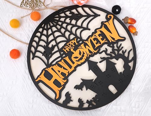 Happy Halloween Wooden Wreath - Ghost Bat Pumpkin Door Sign & Garland - Indoor Wall Decorations - Variation: Happy Halloween Wreath