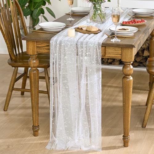 Horaldaily White Silver Star Gauze Tablecloth 60x104 Inch Rectangular