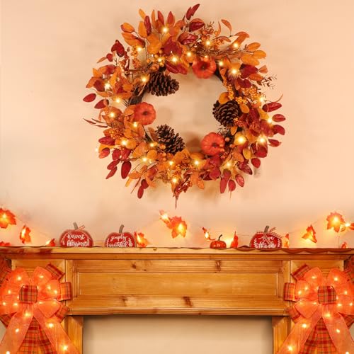 26 Inch Fall Wreath with Lights & Timer for Front Door - Autumn Pumpkin, Eucalyptus, Pinecones