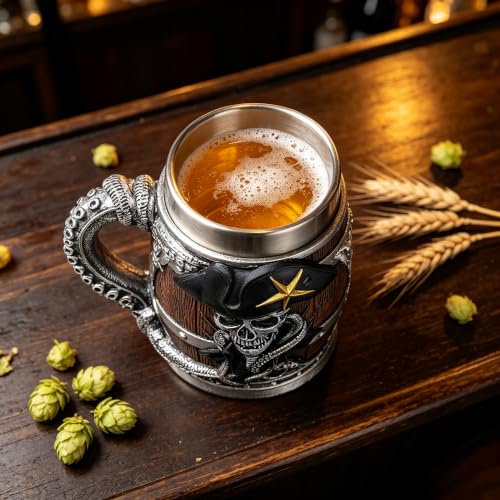Wooden Barrel Skull Beer Mug 15.8 oz Stainless Steel Liner - Beer Gift