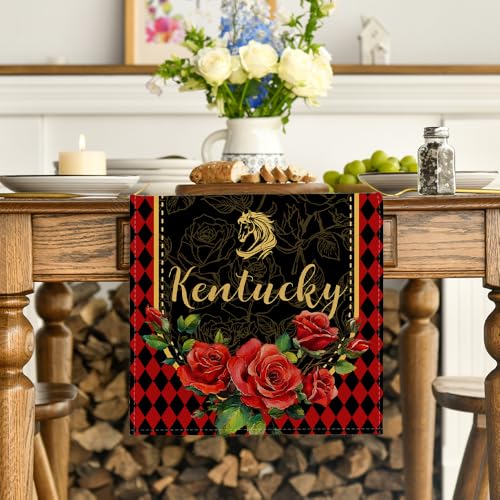 Horse Roses Diamond Pattern Table Runner 13x72 Inch for Dining & Holiday Decor