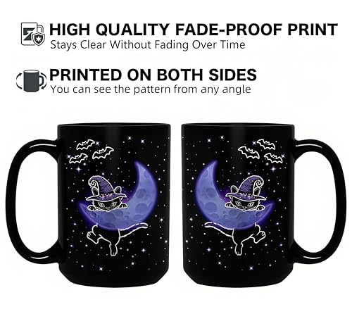 Halloween Cat Mug 15oz Black Ceramic Coffee Cup - Wizard Cat Variation