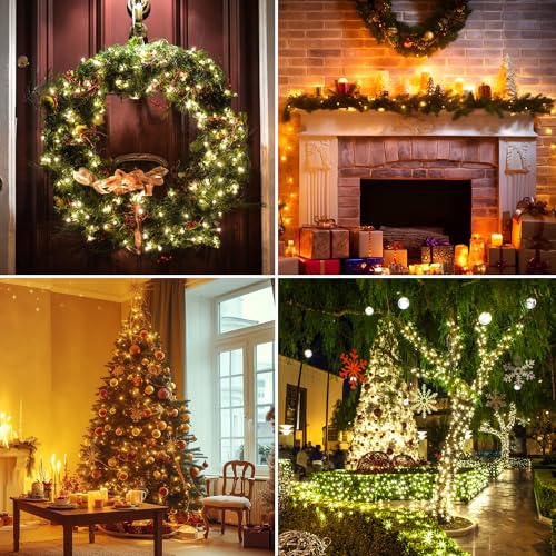Outdoor Indoor Christmas String Lights - 99FT 300 LED Warm White Fairy Lights with 8 Modes & Timer - Green Wire