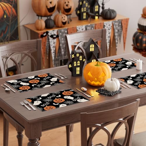 Halloween Ghost Pumpkin Placemats Set of 4 - 12x18 Inch Table Decor