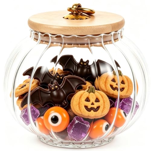 Halloween Pumpkin Jar with Lid - Airtight Glass Candy Canister for Party Decor