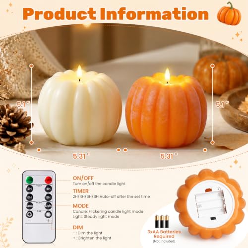 Large Flameless Pumpkin Candle - Fall Decor with Remote Control - Orange & White - ARIKJ