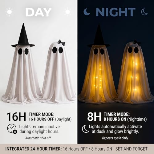 Light Up Halloween Ghost Decor Set - 2 Standing Ghosts with Witch Hat & Lights