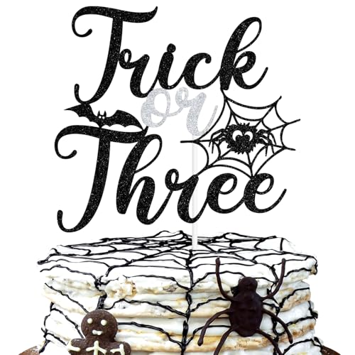 Black Glitter Trick or Three Cake Topper Halloween Birthday Decorations