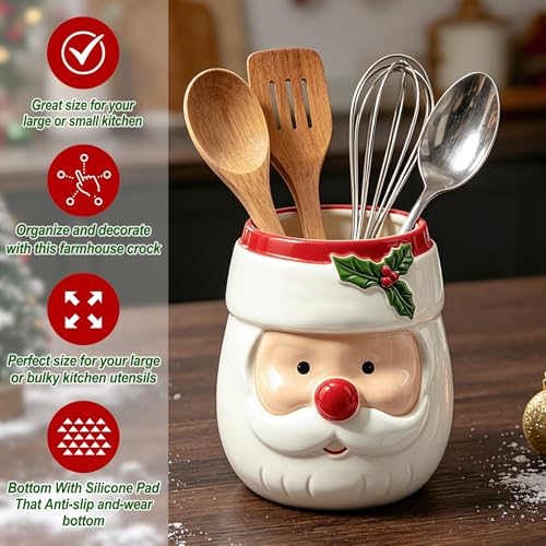 Christmas Santa Ceramic Utensil Holder - Holiday Kitchen Decor - Pinata