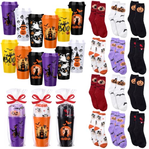 Halloween Gift Set with Coffee Cups and Plush Socks - Horror Theme, 12 Sets