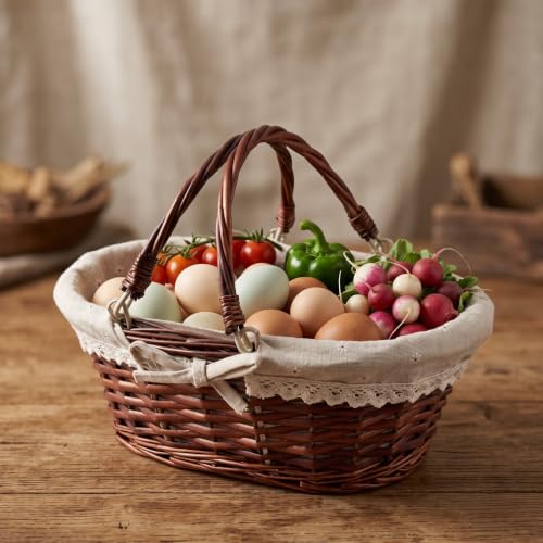 14 Inch Brown Wicker Woven Basket with Linen Lining & Handles - Gift, Picnic, Wedding Decor