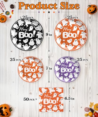 Halloween Heavy-Duty Paper Plates and Napkins Set - Black Orange Purple, Round, 9 Inch & 7 Inch, Spooky Gothic Party Supplies with Variation