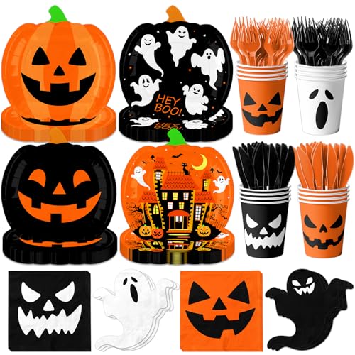 Halloween Pumpkin Paper Plates Napkins Cups Set for Spooky Party Decorations