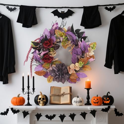 Halloween Wreath 18 Inch with Artificial Roses & Spiders - Round Red & Purple Flowers