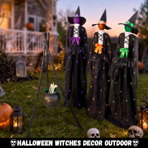 3 Witches Halloween Light Up Decoration Set - Outdoor Ghostly Yard Prop with Solar Power & Remote