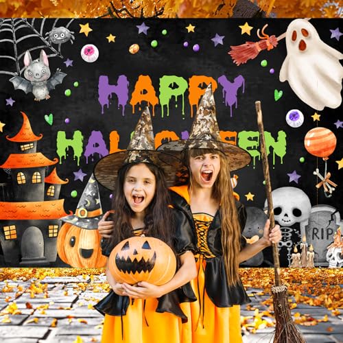 Halloween Backdrop Spooky Ghost Banner for Kids 8x6ft - Black Variation
