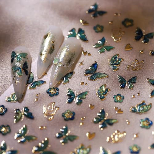 Butterfly Nail Stickers-4 Self-Adhesive 3D Embossed Green Gold Butterfly Designs