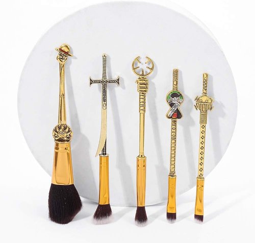KF Ornament Set Of 5 One Piecess Anime Makeup Brushes - With Metal Handle, Velvet Gift Bag, Anime Peripheral, Birthday, Thanksgiving, Christmas, One Piece Fan Gift (Set)
