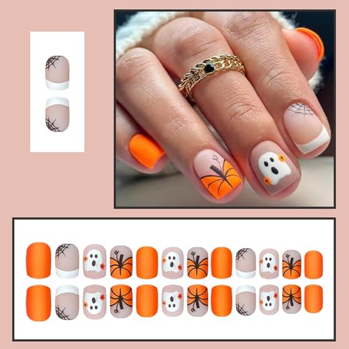 Halloween Press On Nails Short Square Fake Nails with Ghost & Pumpkin Design - Variation Halloween02