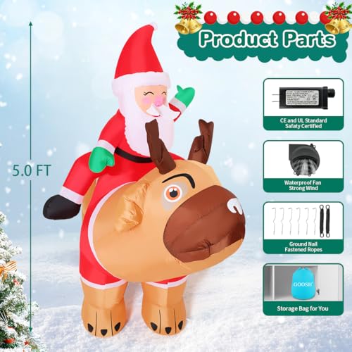 5 Ft Christmas Inflatable Santa Riding Pug Yard Decor with LED Lights Outdoor Holiday Decoration