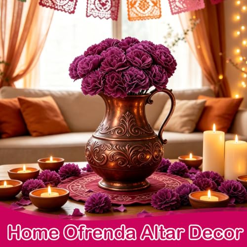 Memorial Purple Artificial Marigold Flower Heads with Stems - 120PCS, Decorative Tribute