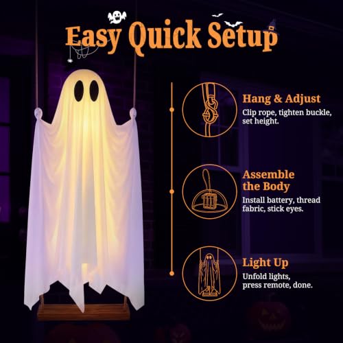5FT Hanging Ghost Decor with Lights - Outdoor Halloween Swing Spirit
