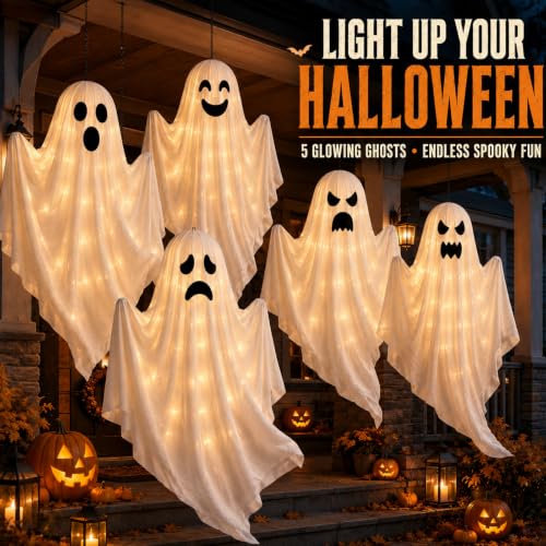 Halloween LED Hanging Ghost Decorations Set with Timer - Outdoor Indoor Party Lights