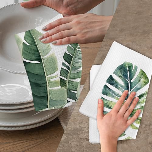 Sage Green Leaf Kitchen & Bathroom Hand Towels Set - Modern Herbs Leaves, 16x24 Inches - Leaf Variation