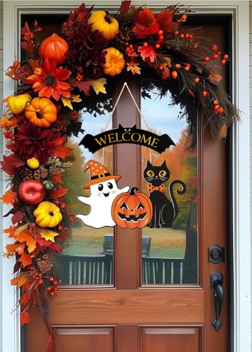 Halloween Door Hanging Sign Ghost Black Cat Pumpkin Welcome - White & Black