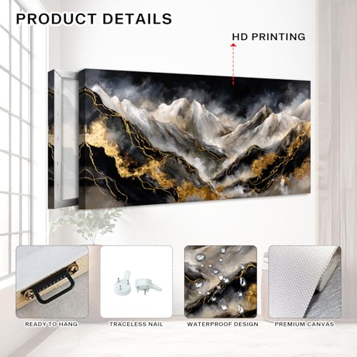 Abstract Mountain Wall Art Canvas - Black & Gold Watercolor Landscape - 40"L x 20"W - Mount01