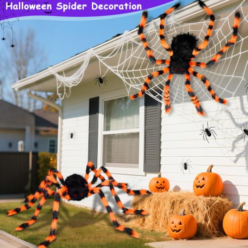 Giant Halloween Spider Decorations with 8 Light Modes & 30 LED Lights - Orange Black, 50 Inch, 2 Pack