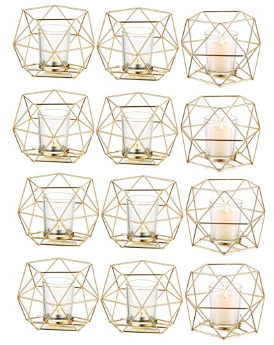 Gold Geometric Tealight Candle Holders - 12 Pcs Wedding Table Centerpieces