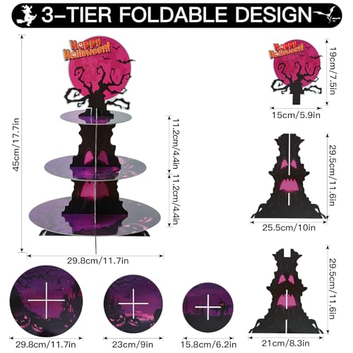 Halloween 3-Tier Cupcake Stand with Red Moon and Tree Design - Horror Theme Dessert Tower