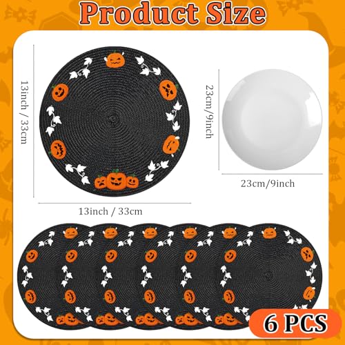 Halloween Round Placemats Set of 6 - Embroidered Pumpkin and Ghost Table Decor