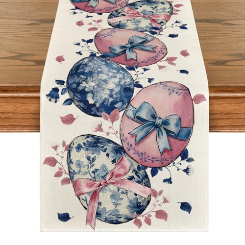 Easter Floral Table Runner 13x108 Inch Blue Pink Seasonal Kitchen Decor