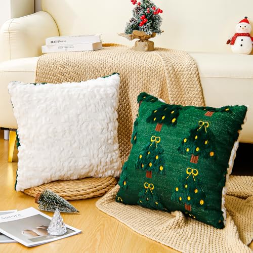 Green+ White 20x20 Inch Christmas Pillow Covers Set - Double-Sided 3D Embroidered Holiday Decor