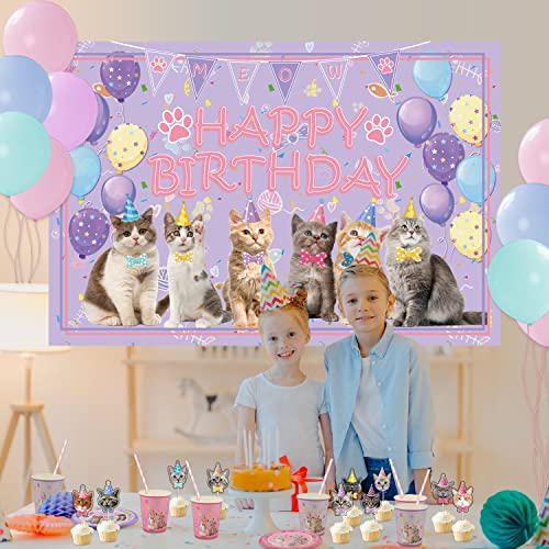 Cat Birthday Party Supplies Set Includes Plates Cups Balloons & Backdrop for Kids - Serves 20